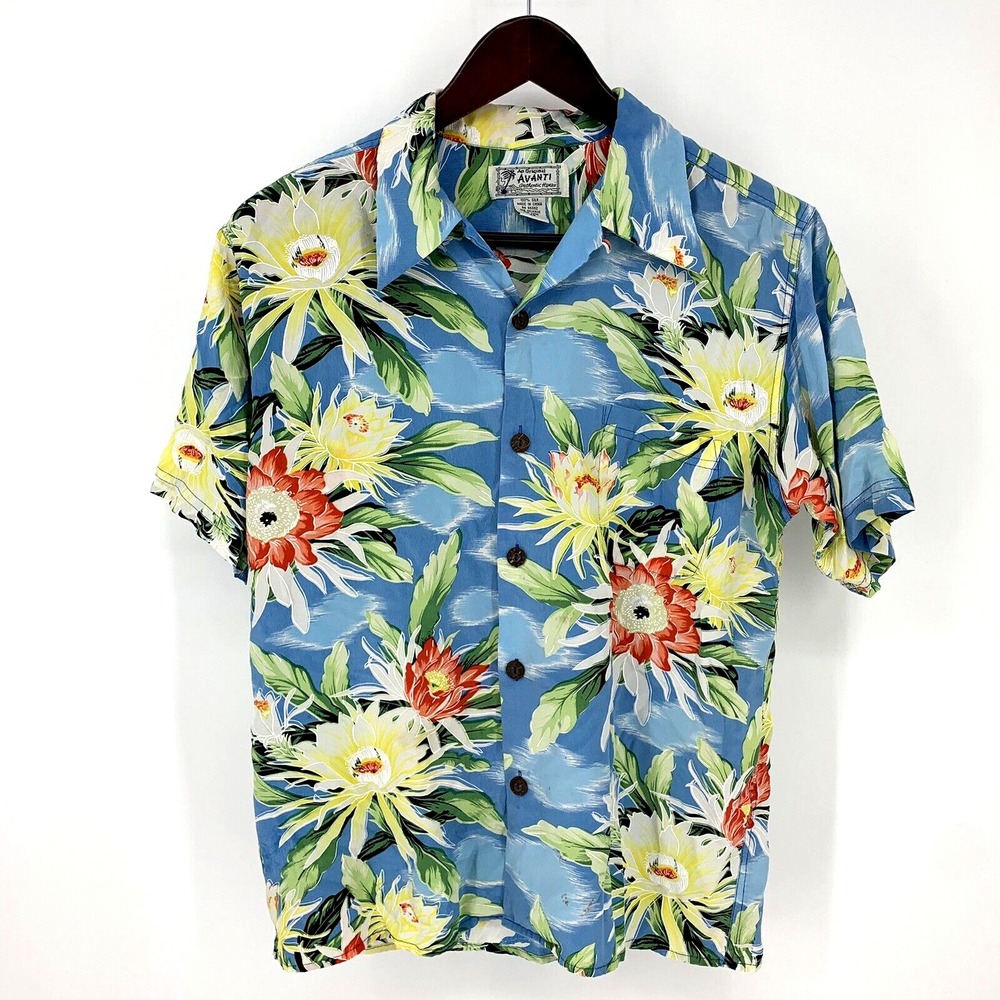 Avanti Hawaiian‎ Shirt 100% Silk Tropical Flowers Floral Blue Mens XS